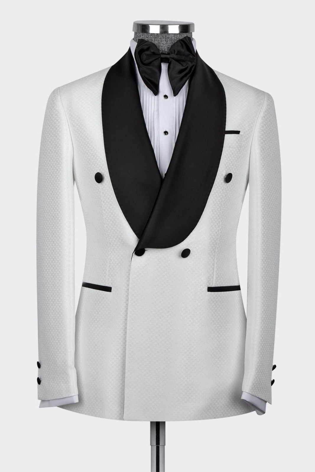 White Two-Piece Double-Breasted Wedding Suit with Black Shawl Collar