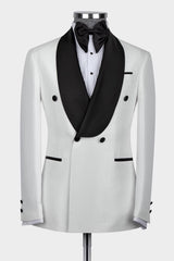 White Two-Piece Double-Breasted Wedding Suit with Black Shawl Collar