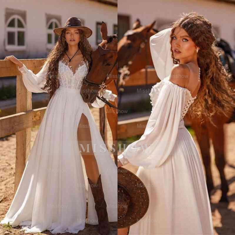White V-Neck Long Sleeve Lace Applique Corset A-Line Floor Length Formal Evening Dress