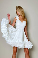 White V-Neck Sleeveless A-Line Satin Mini Formal Dress With Ruffles & 3D Flowers