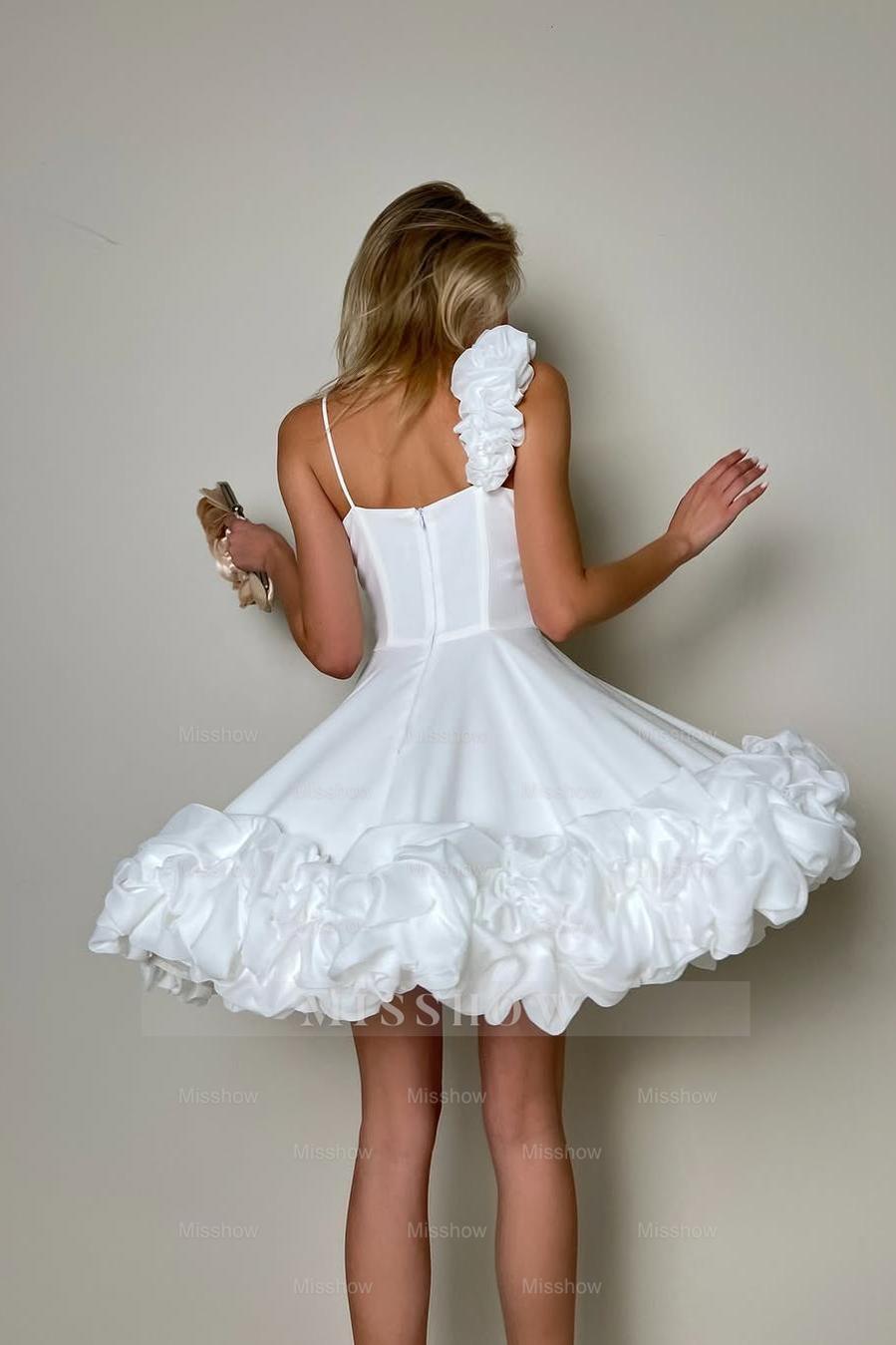 White V-Neck Sleeveless A-Line Satin Mini Formal Dress With Ruffles & 3D Flowers