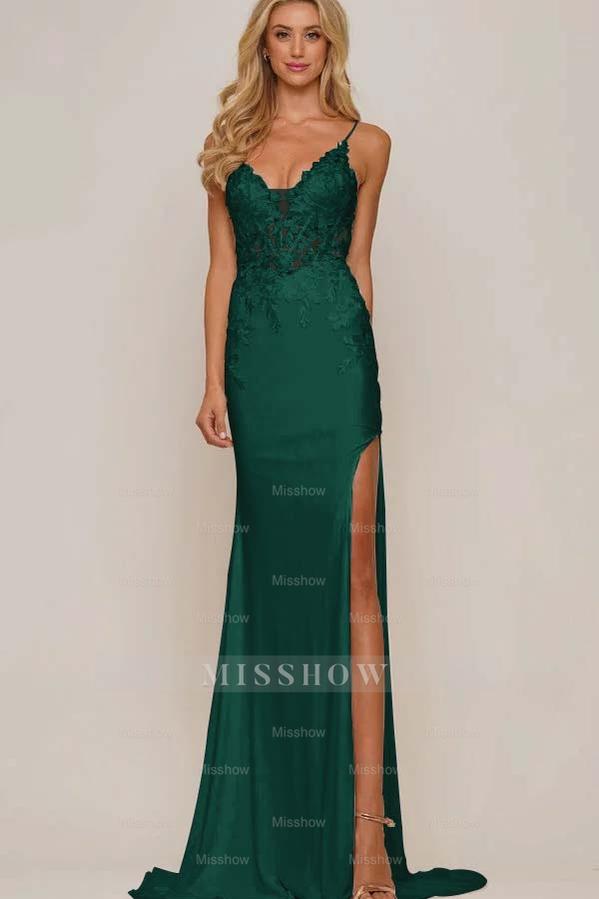 White V-Neck Sleeveless Mermaid Lace Appliqued Floor Length Formal Evening Dress