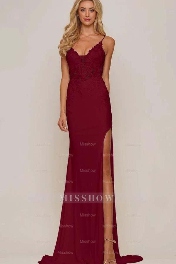 White V-Neck Sleeveless Mermaid Lace Appliqued Floor Length Formal Evening Dress