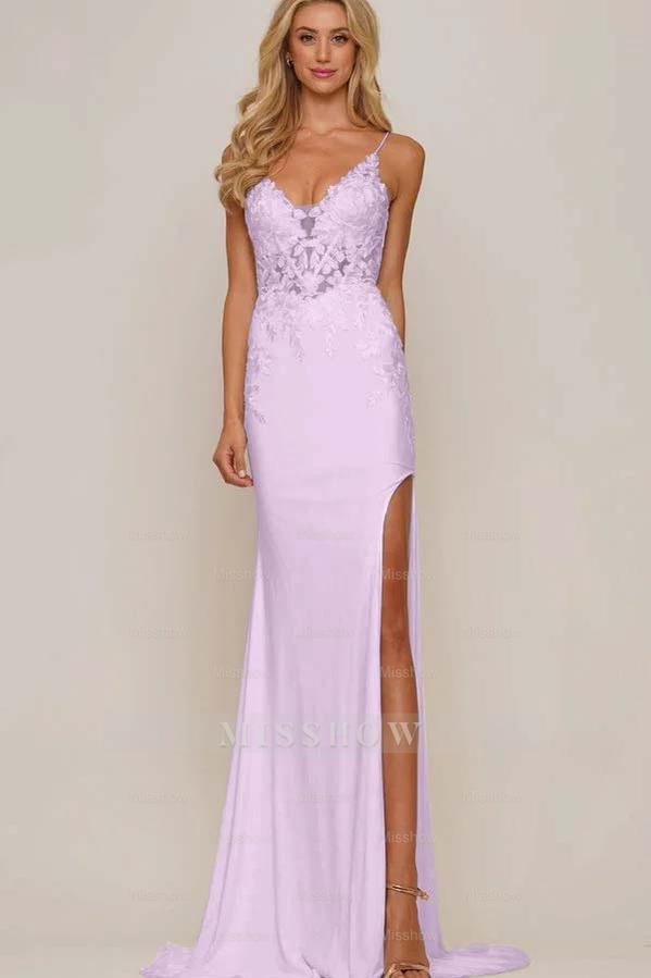 White V-Neck Sleeveless Mermaid Lace Appliqued Floor Length Formal Evening Dress