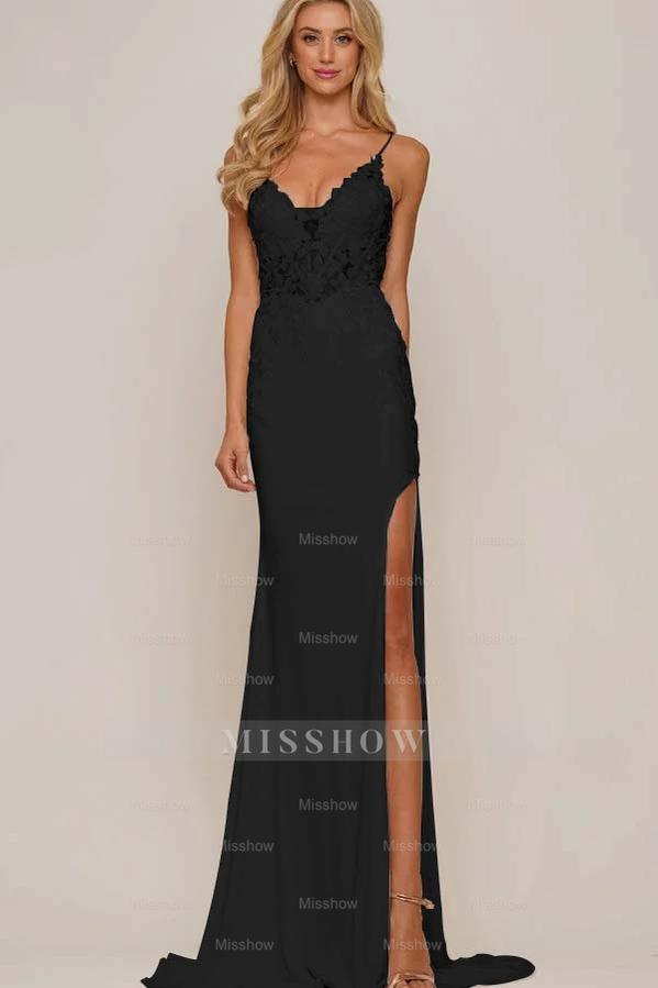 White V-Neck Sleeveless Mermaid Lace Appliqued Floor Length Formal Evening Dress
