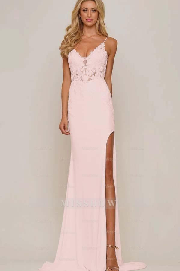 White V-Neck Sleeveless Mermaid Lace Appliqued Floor Length Formal Evening Dress