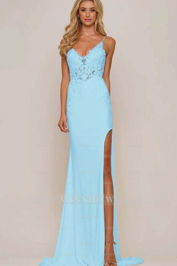 White V-Neck Sleeveless Mermaid Lace Appliqued Floor Length Formal Evening Dress