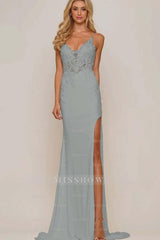 White V-Neck Sleeveless Mermaid Lace Appliqued Floor Length Formal Evening Dress