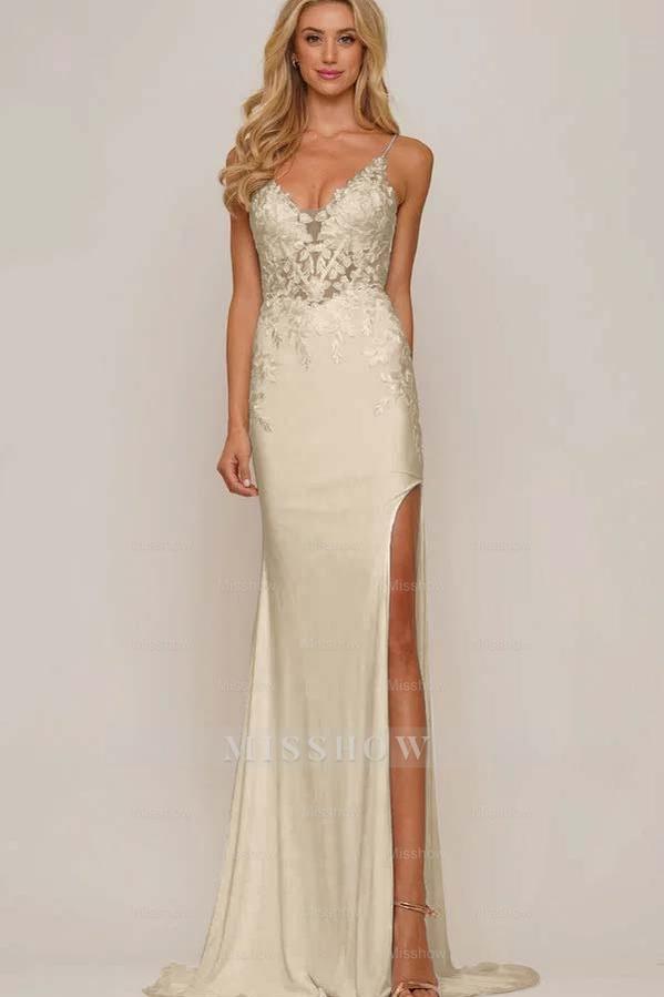 White V-Neck Sleeveless Mermaid Lace Appliqued Floor Length Formal Evening Dress
