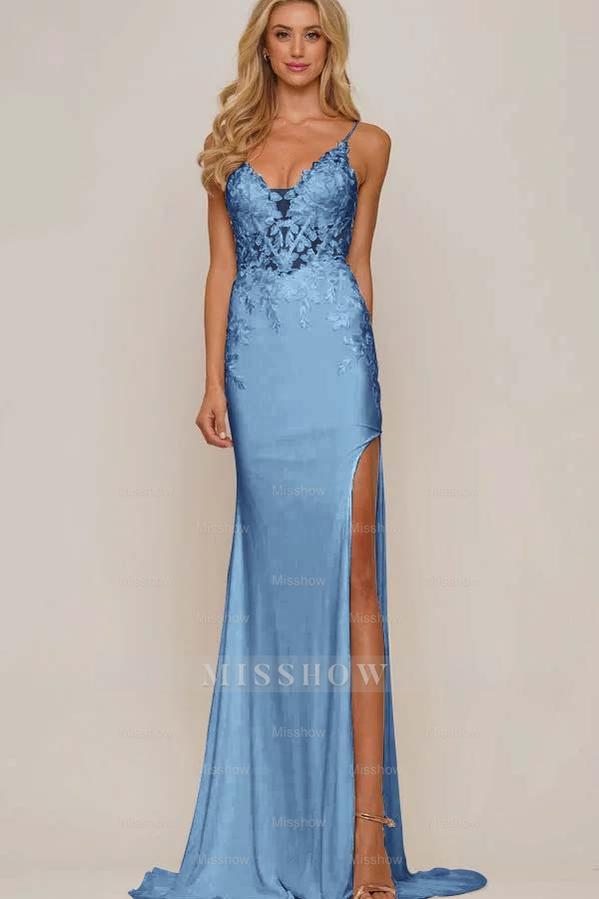White V-Neck Sleeveless Mermaid Lace Appliqued Floor Length Formal Evening Dress