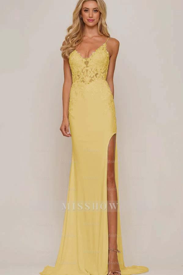 White V-Neck Sleeveless Mermaid Lace Appliqued Floor Length Formal Evening Dress