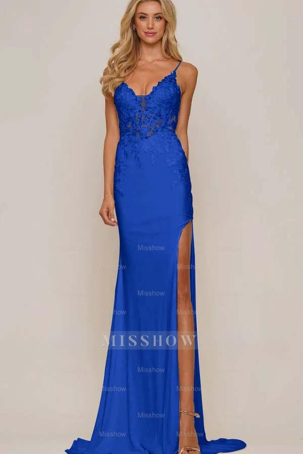 White V-Neck Sleeveless Mermaid Lace Appliqued Floor Length Formal Evening Dress