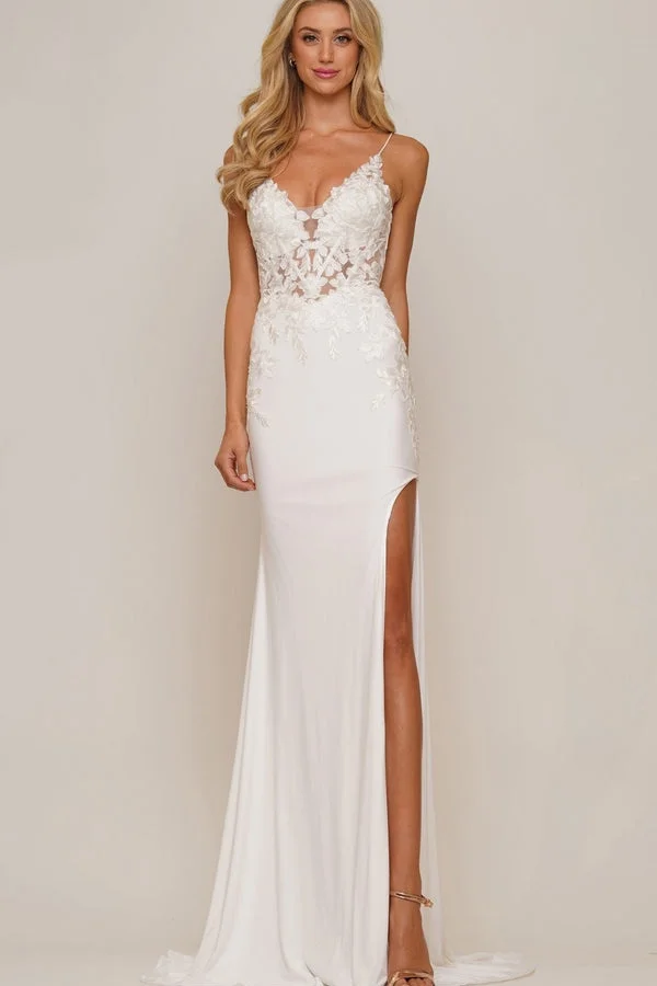 White V-Neck Sleeveless Mermaid Lace Appliqued Floor Length Formal Evening Dress