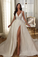 Ivory v-neck front-split a-line wedding dress