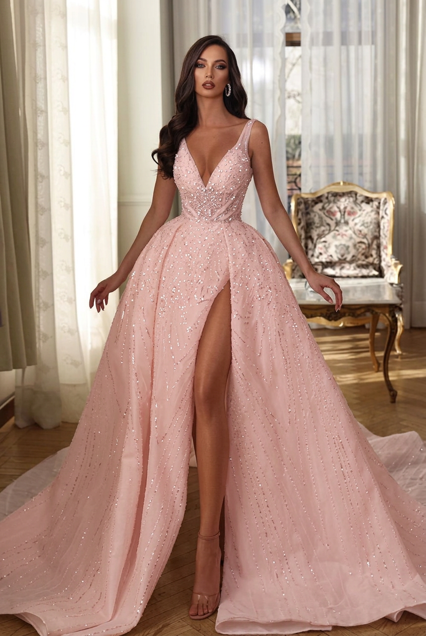 Blushing pink v-neck front-split a-line wedding dress