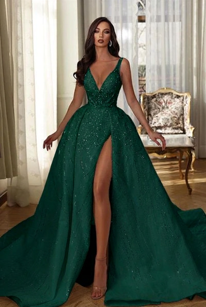 Dark green v-neck front-split a-line wedding dress