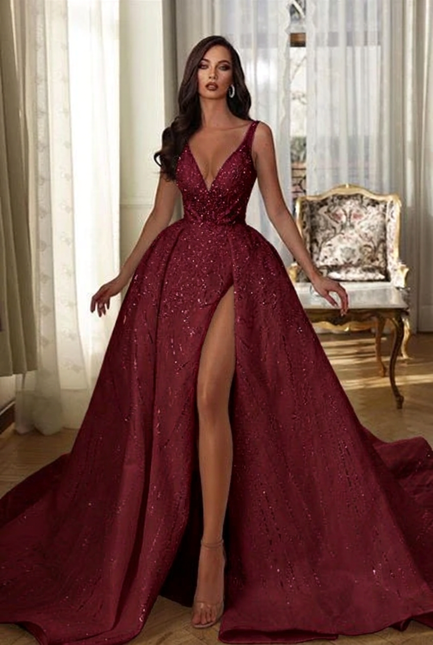 Burgundy v-neck front-split a-line wedding dress