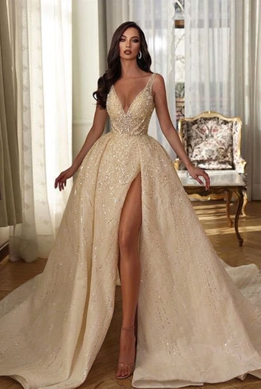 Champagne v-neck front-split a-line wedding dress