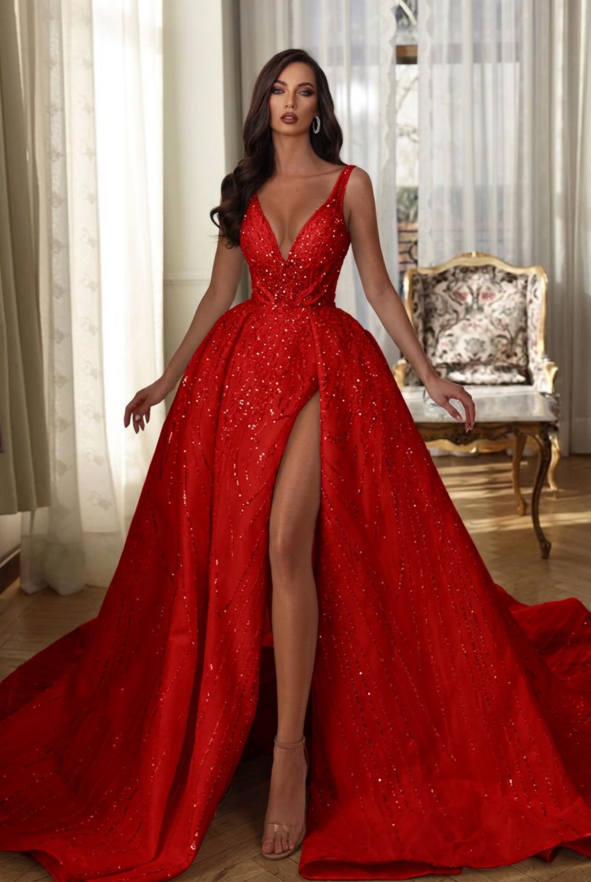 Red v-neck front-split a-line wedding dress