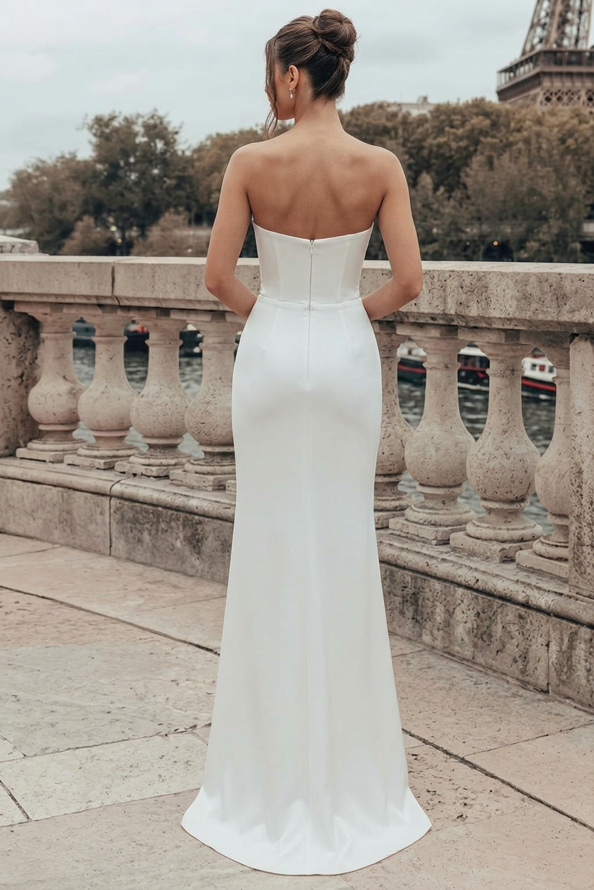 White Wedding Dress Strapless Sweetheart Sheer Illusion Boned Corset White  Floral Lace Embroidery Scattered Pearl Rhinestone Lace-Up Front Minimalist  Stretch Satin Mermaid Detachable Oversized Satin Ball Gown Overskirt  Cathedral Train