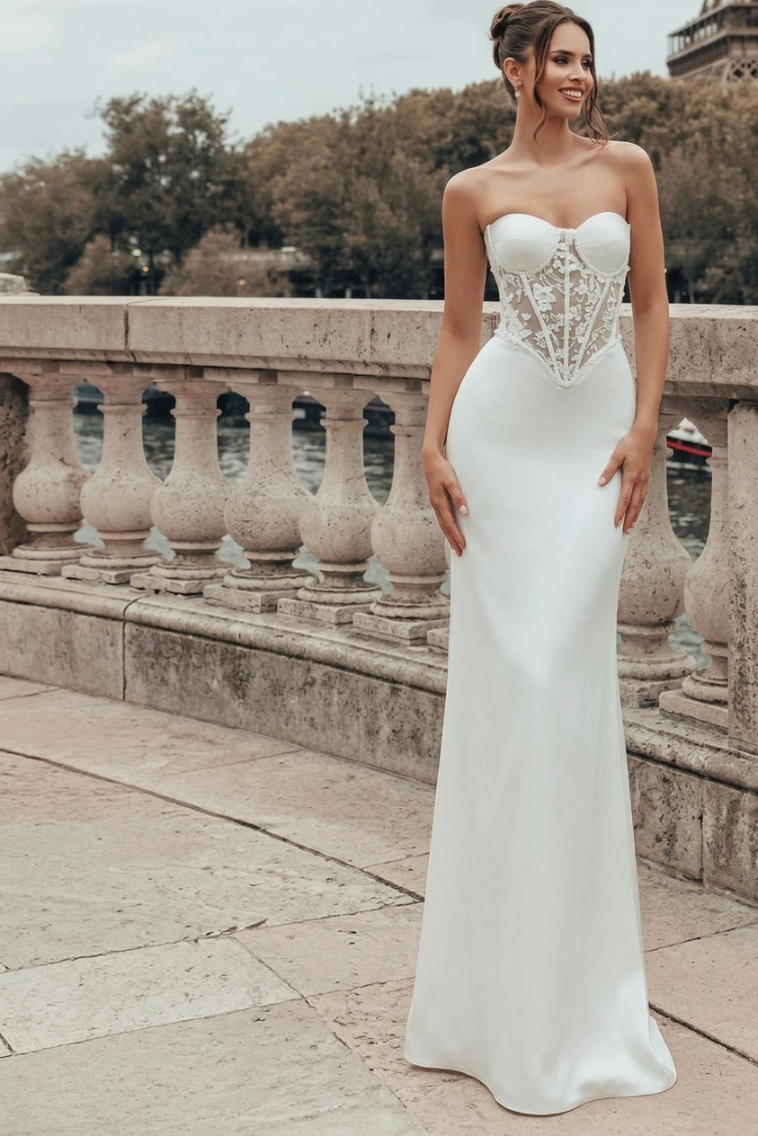 White Wedding Dress Strapless Sweetheart Sheer Illusion Boned Corset White Floral Lace Embroidery Scattered Pearl Rhinestone Lace-Up Front Minimalist White Wedding Dress Strapless Sweetheart Sheer Illusion Boned Corset White Floral Lace Embroidery Scattered Pearl Rhinestone Lace-Up Front Minimalist
