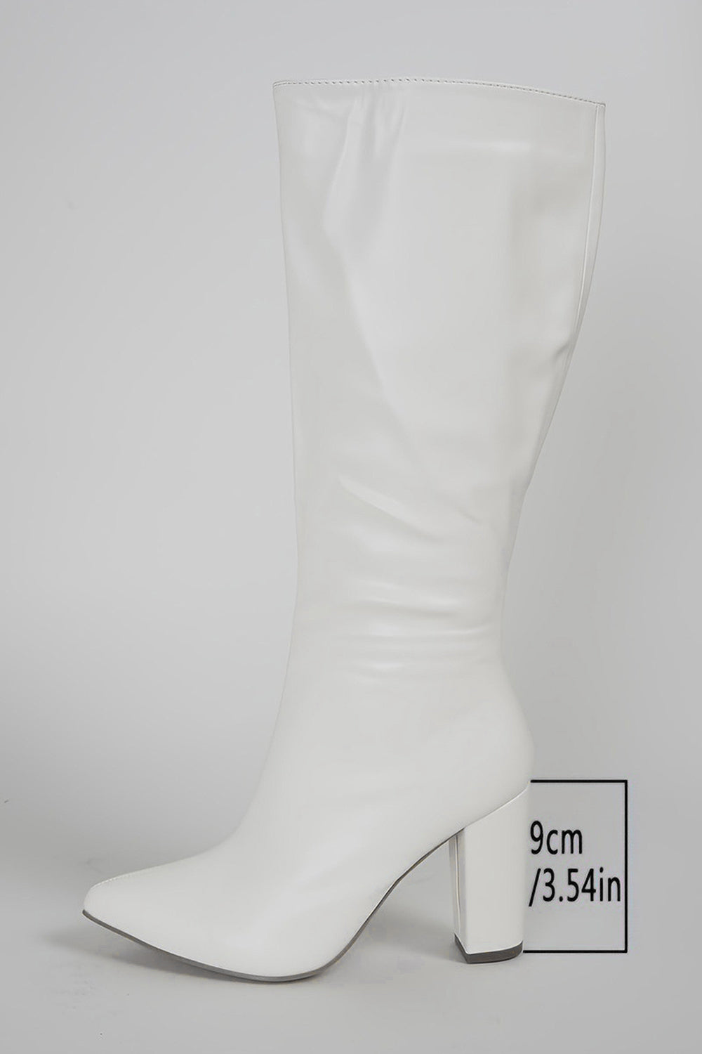 White Wide Calf Pointed Toe Knee High Chunky Heel Boots