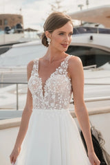 Wide Illusion Strap Deep V 3D Small Floral Vine Embroidery Corset Open V Low Back Flowing Chiffon A-Line Wedding Dress