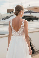 Wide Illusion Strap Deep V 3D Small Floral Vine Embroidery Corset Open V Low Back Flowing Chiffon A-Line Wedding Dress