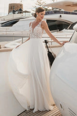 Wide Illusion Strap Deep V 3D Small Floral Vine Embroidery Corset Open V Low Back Flowing Chiffon A-Line Wedding Dress