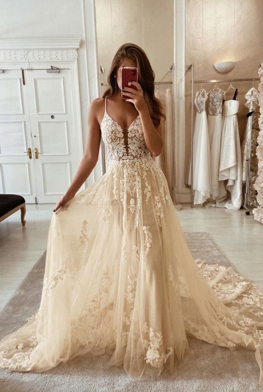 Champagne v-neck applique a-line wedding dress