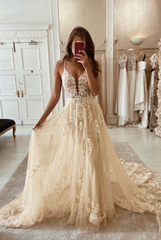 Champagne v-neck applique a-line wedding dress