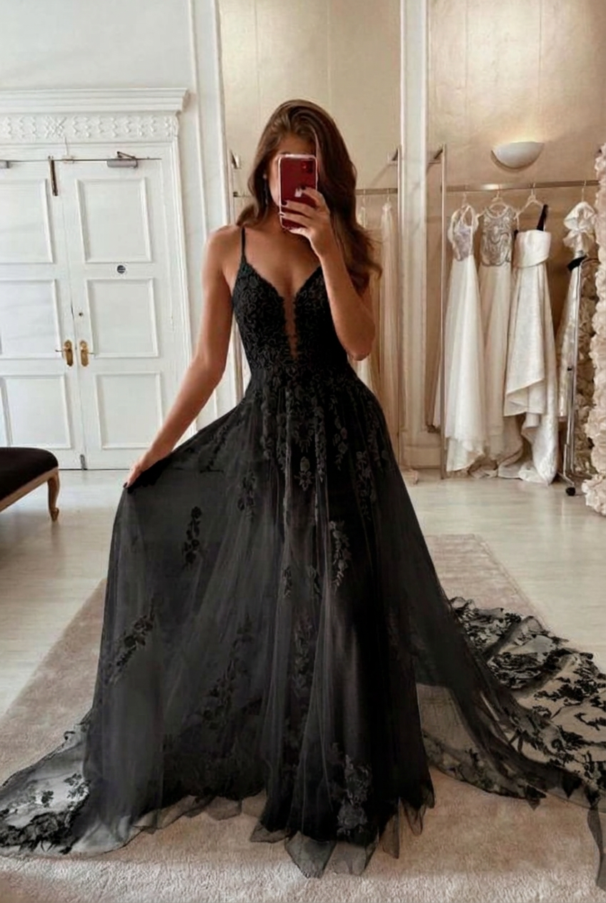 Black v-neck applique a-line wedding dress