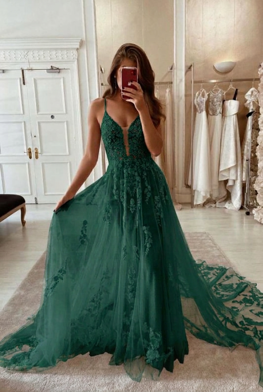 Dark green v-neck applique a-line wedding dress