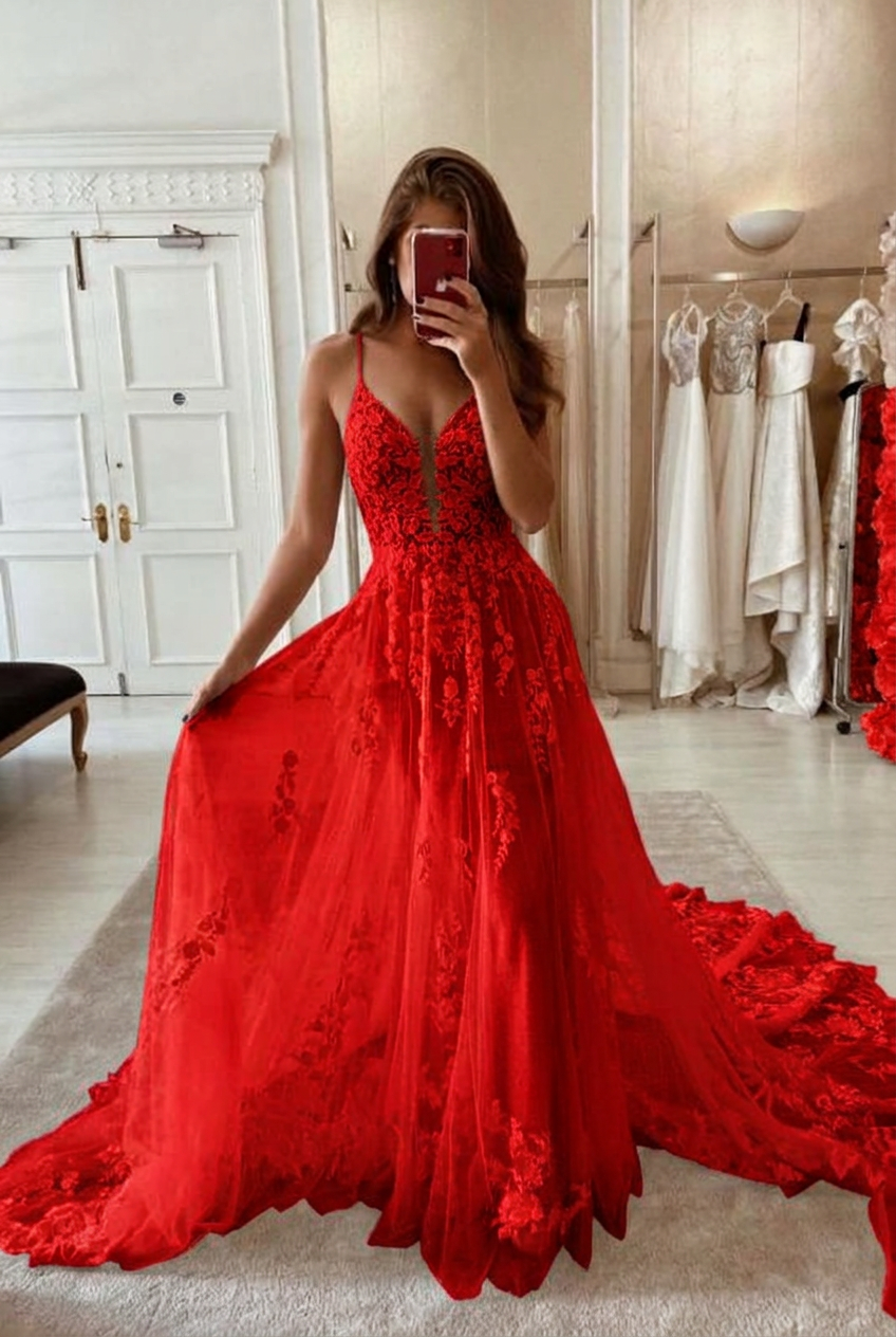 Red v-neck applique a-line wedding dress