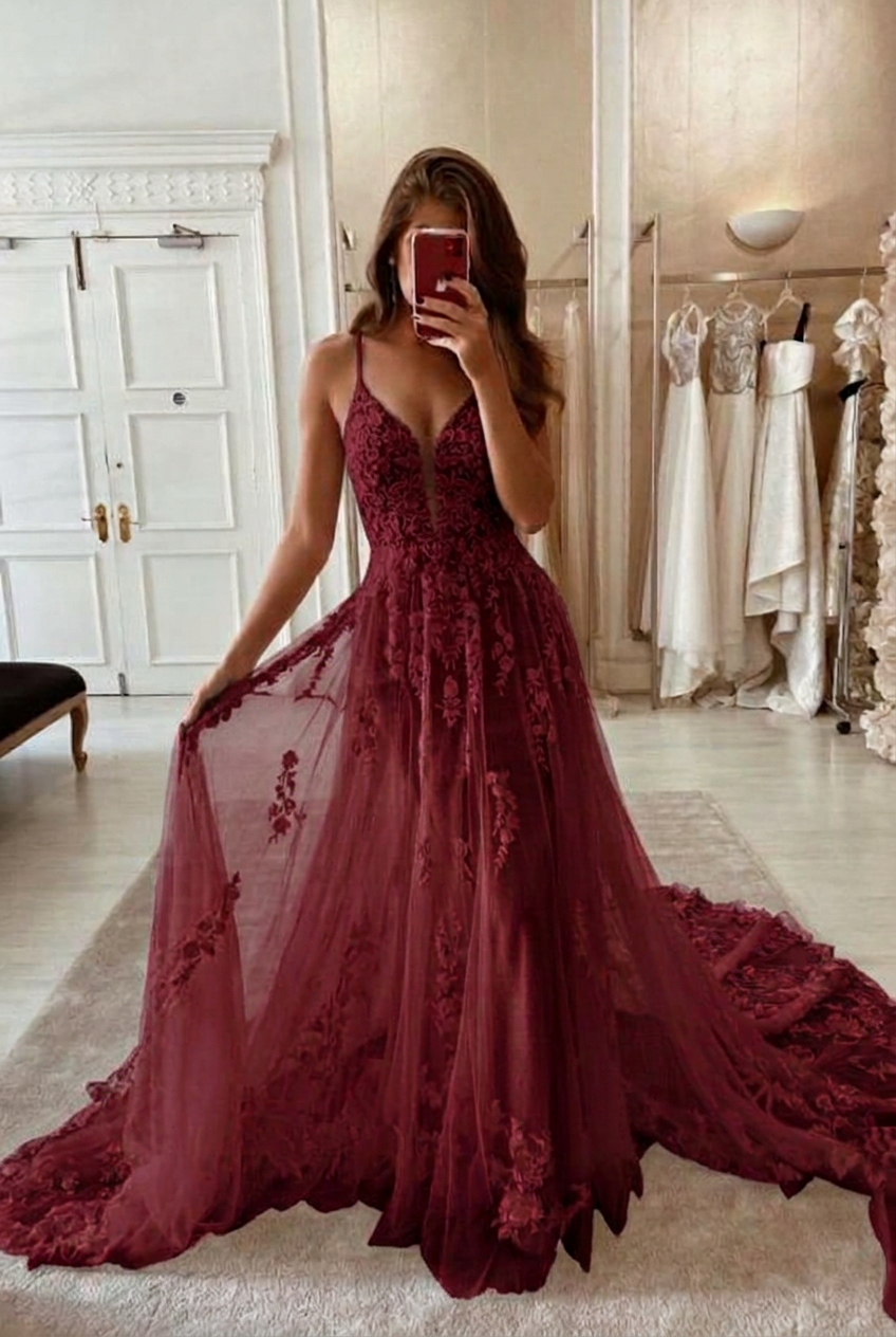 Burgundy v-neck applique a-line wedding dress
