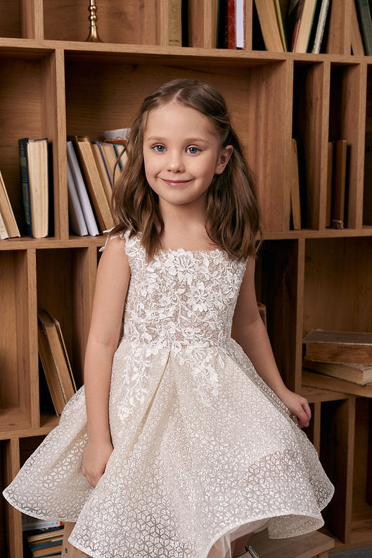 Champagne Lace Square Neck Sleeveless Floral Embroidery A-Line Knee Length Puffy Flower Girl Dresses