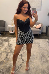Strapless Pearl Rhinestone Grid Corset Homecoming Dress Sweetheart Bodycon Mini