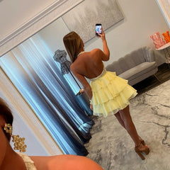 Halter Deep V Neck Beaded Lace Homecoming Dress Bow Tiered Ruffle Chiffon Mini Open Back