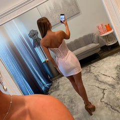 Sweetheart Strapless Sheer Rhinestone Boned Corset Homecoming Dress Crystal Bodycon Mini Open Back