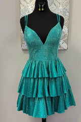 Glitter Tiered Ruffle Homecoming Dress V-Neck Spaghetti Straps Lace-Up Back Short Mini