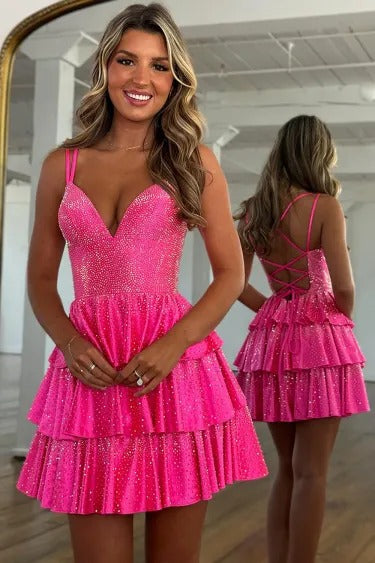 Glitter Tiered Ruffle Homecoming Dress V-Neck Spaghetti Straps Lace-Up Back Short Mini