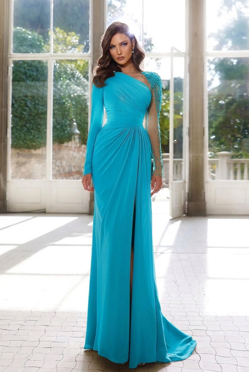 Turquoise asymmetrical beaded column evening dress