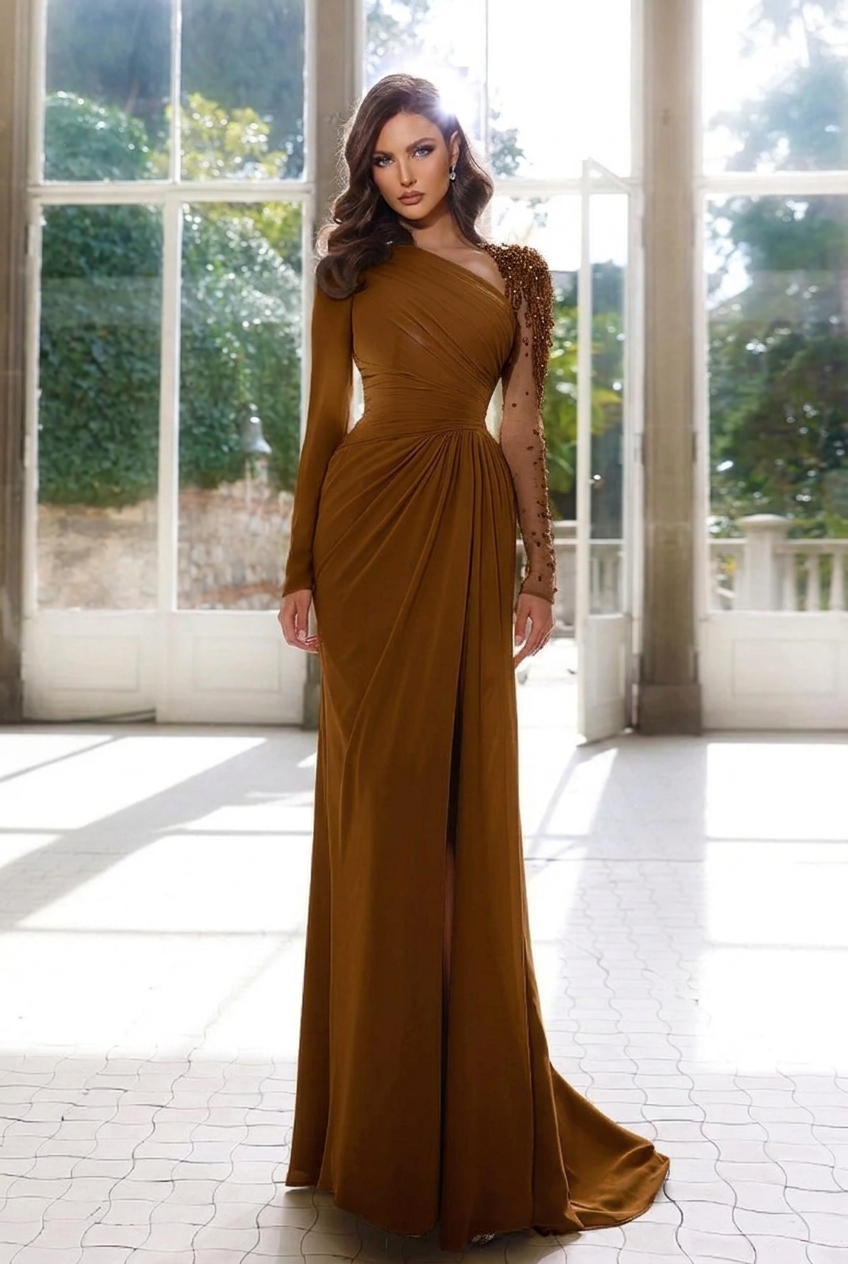 Chocolate asymmetrical beaded column evening dress