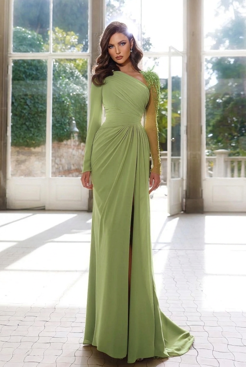 Sage asymmetrical beaded column evening dress