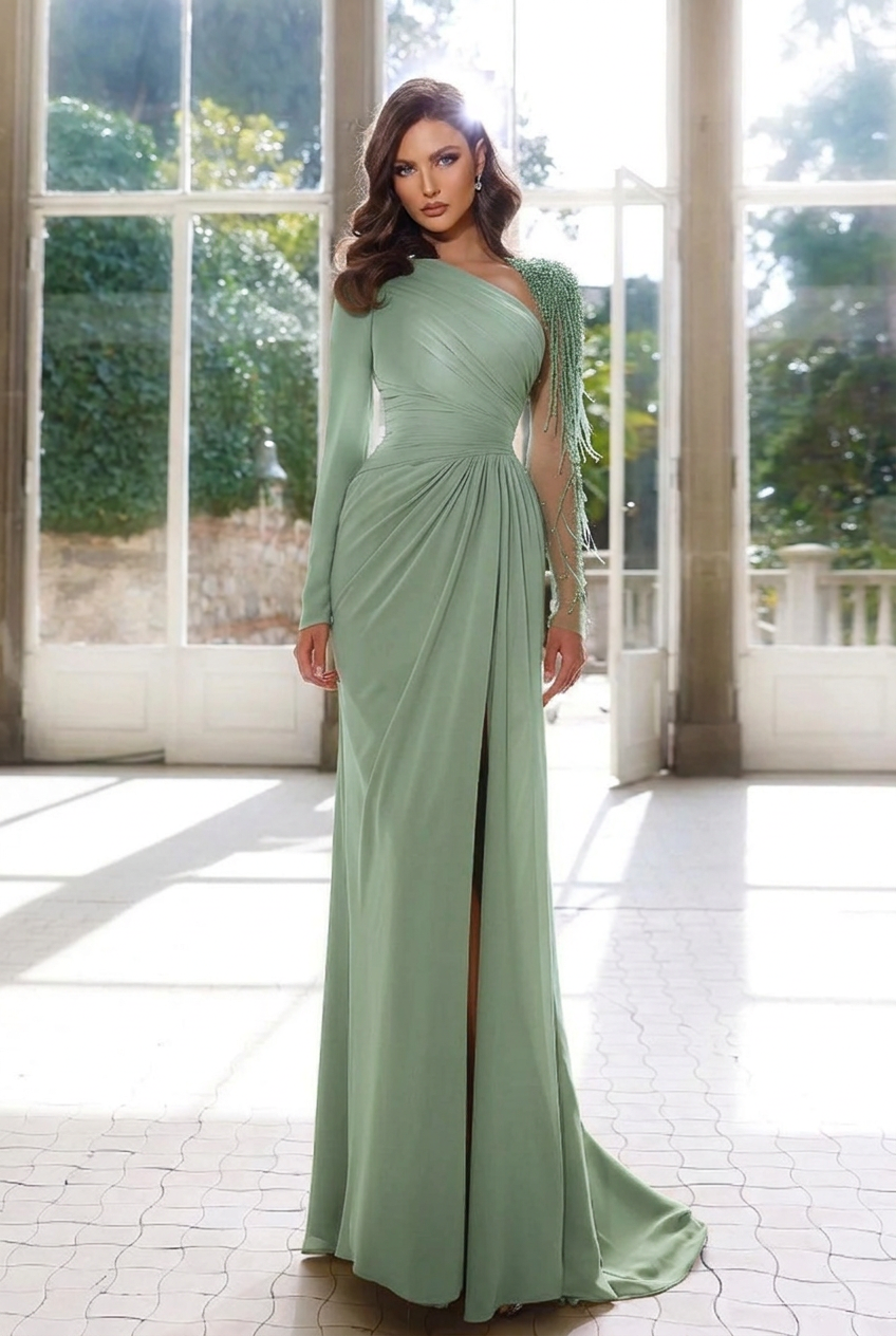 Dusty sage asymmetrical beaded column evening dress