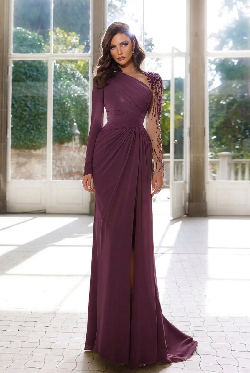 Grape asymmetrical beaded column evening dress