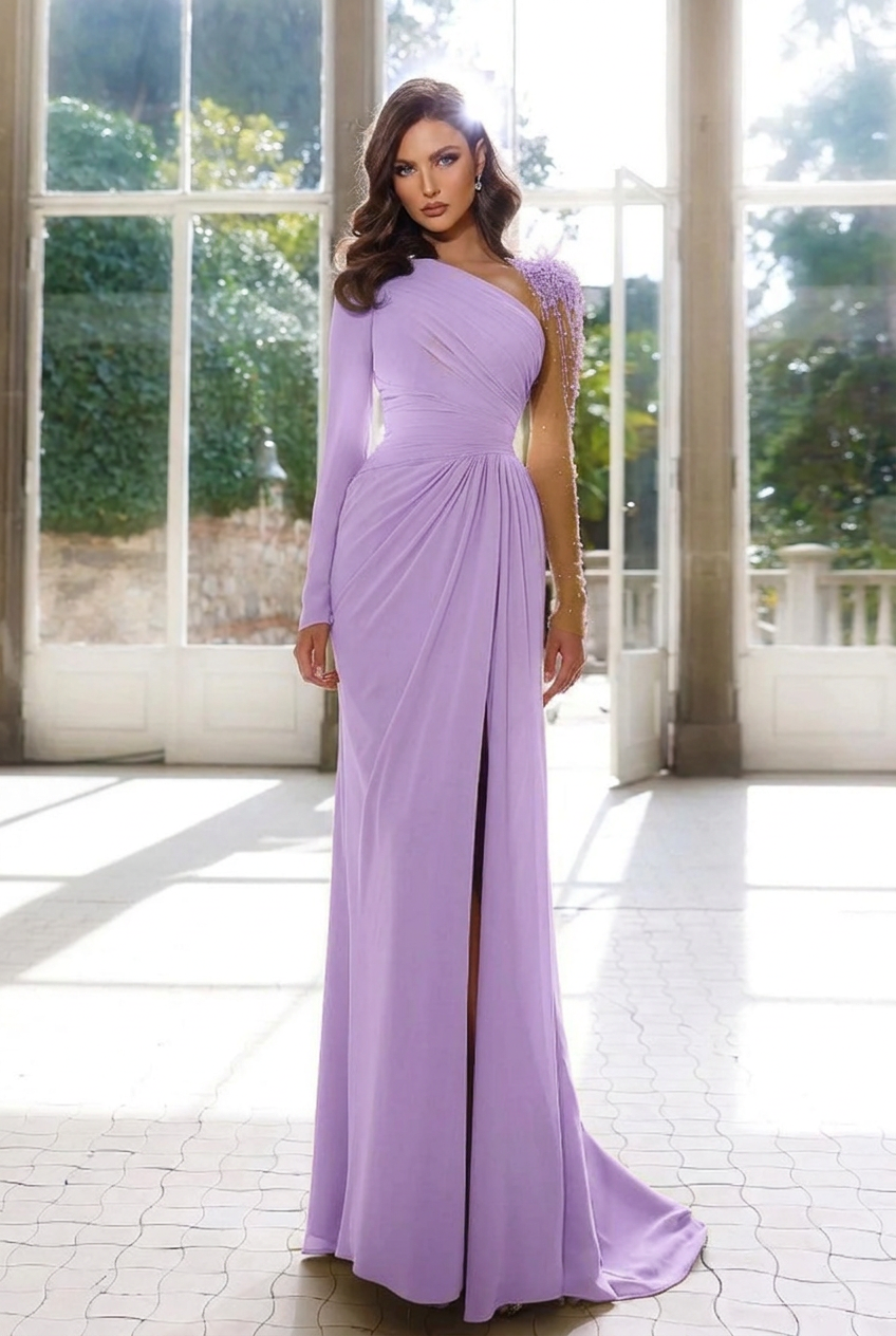 Lavender asymmetrical beaded column evening dress