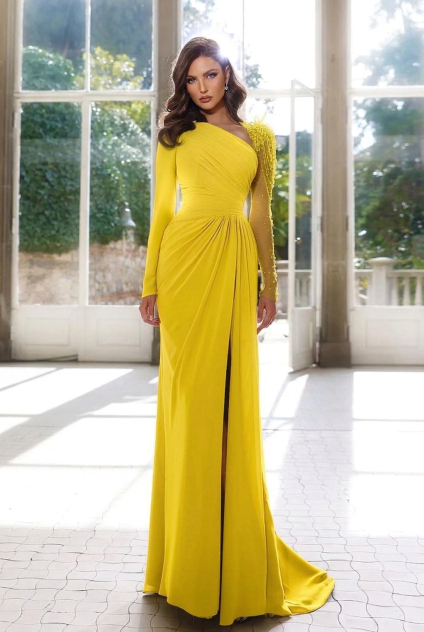 Yellow asymmetrical beaded column evening dress