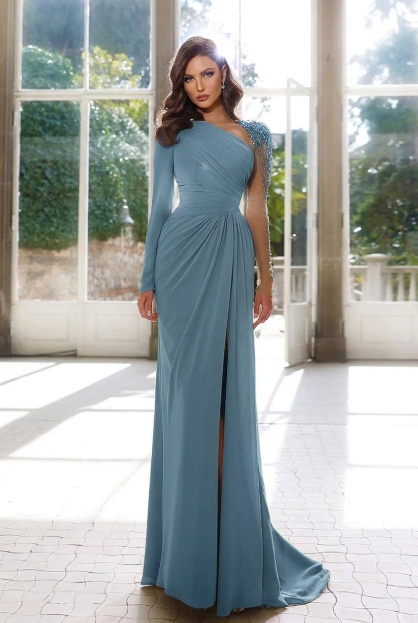 Dusty blue asymmetrical beaded column evening dress