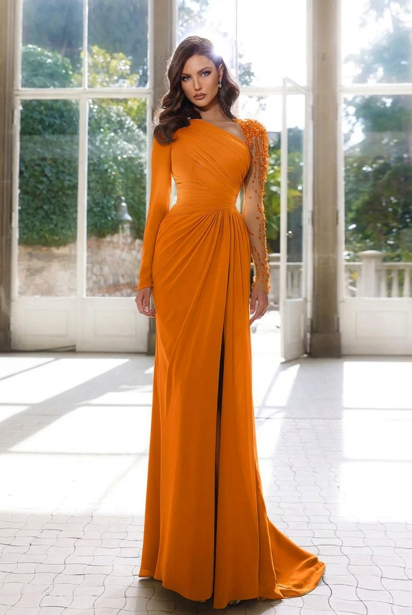 Orange asymmetrical beaded column evening dress